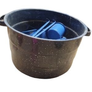 VINTAGE ENAMEL WARE Speckled Black Cooking Pot with Blue Utensils
